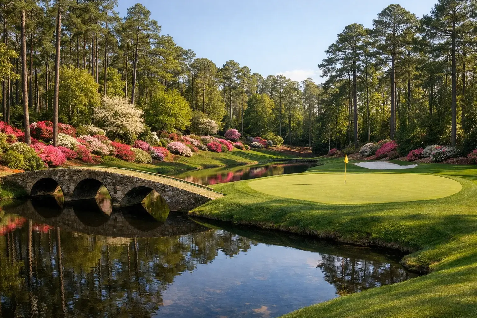 Vista panorámica del famoso hoyo 12 de Augusta National con azaleas en flor
