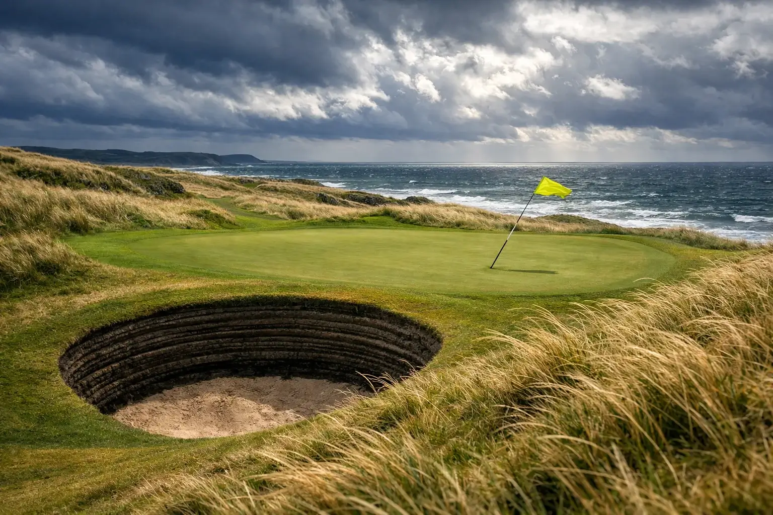 Campo de golf links costero con dunas y viento fuerte bajo cielo nublado