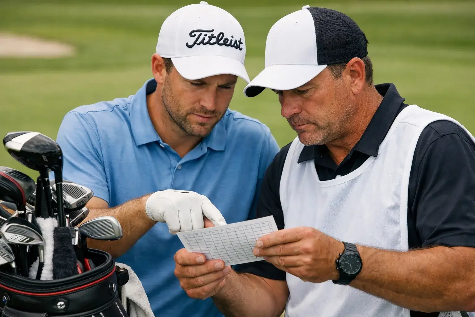 Golfista revisando la tarjeta de puntuación con caddie