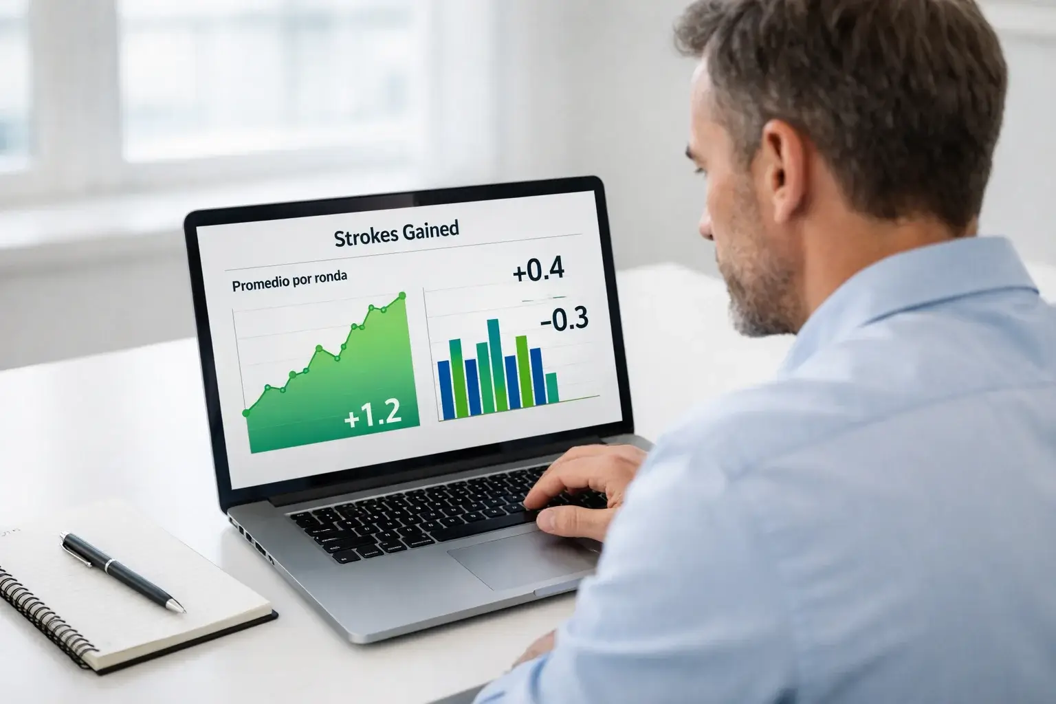 Persona analizando datos de golf en ordenador portátil