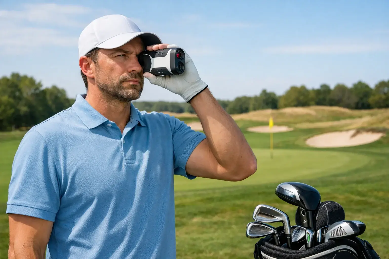Golfista midiendo distancia con telémetro láser