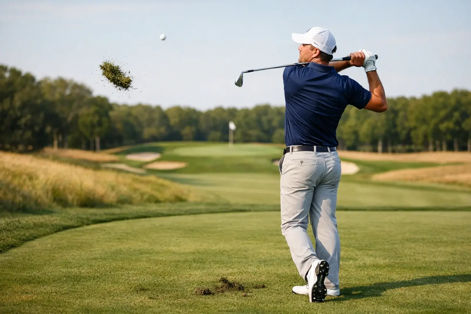 Golfista ejecutando un golpe desde el fairway hacia el green