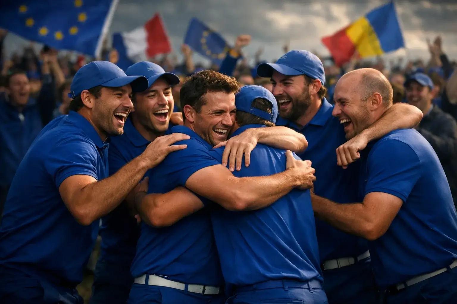 Equipo de golfistas europeos en la Ryder Cup celebrando juntos