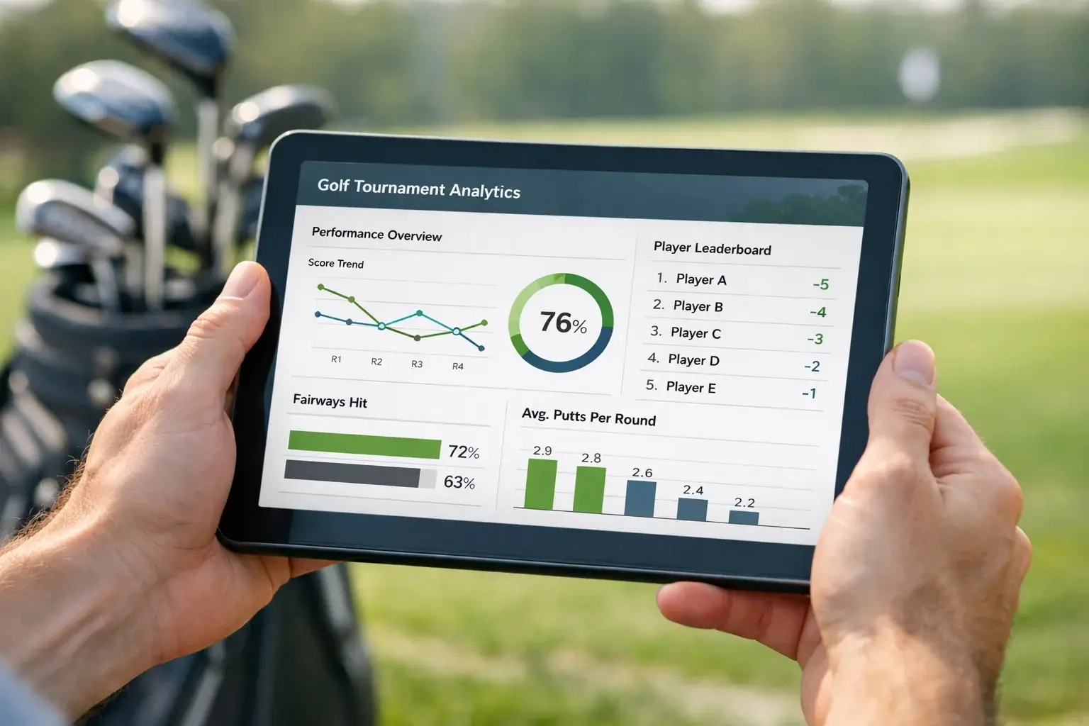 Persona analizando estadísticas de golf en una tablet junto a palos de golf