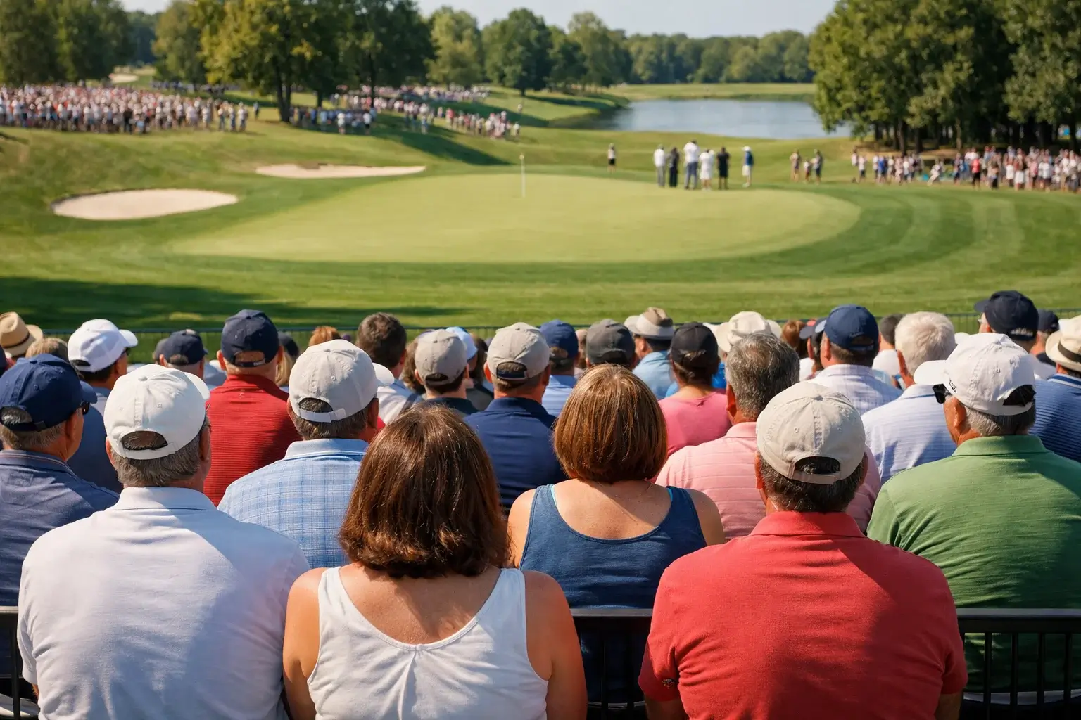 Espectadores siguiendo un torneo de golf desde las gradas con smartphones