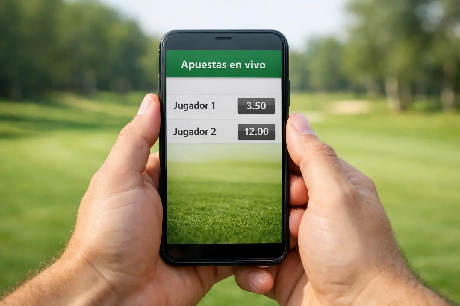 Pantalla de smartphone mostrando cuotas de apuestas en vivo con campo de golf de fondo