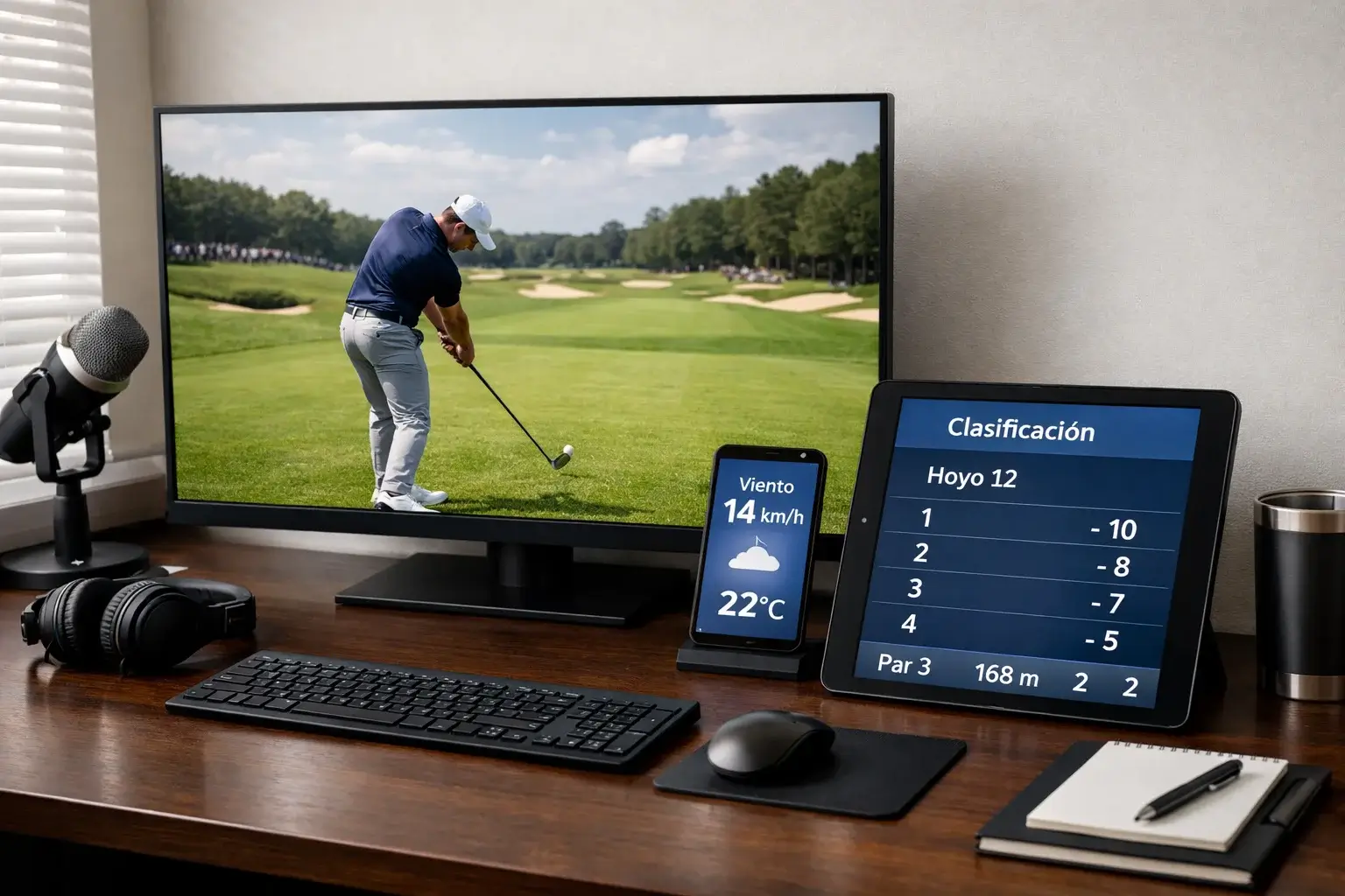 Configuración de múltiples pantallas mostrando transmisión de golf y aplicaciones de estadísticas