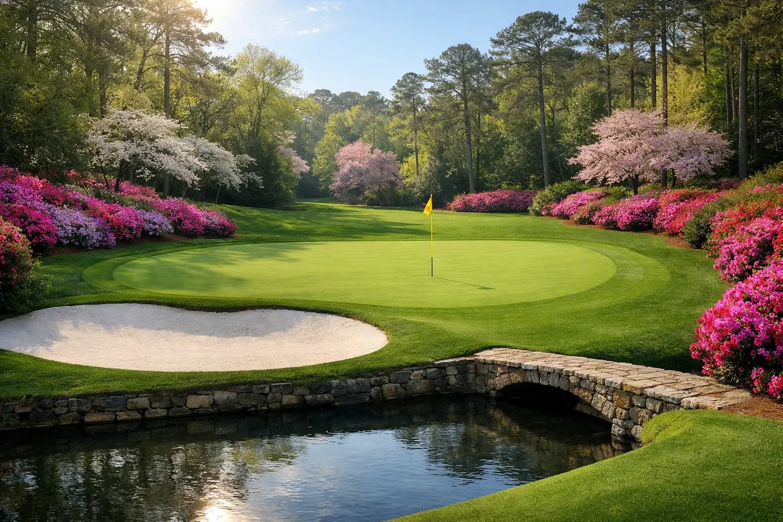 Hoyo emblemático de Augusta National con azaleas en flor durante el Masters