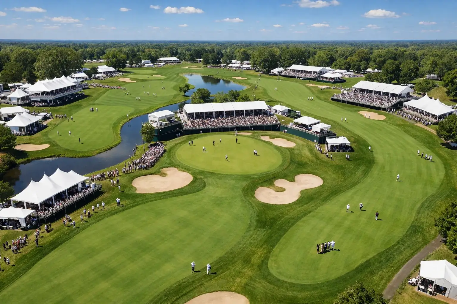 Vista aérea de un campo de golf profesional durante un torneo con espectadores