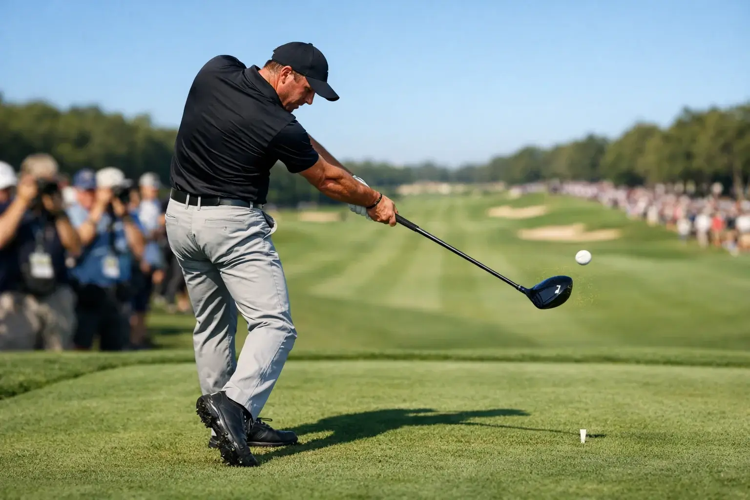 Golfista ejecutando un potente swing de drive en un campo profesional