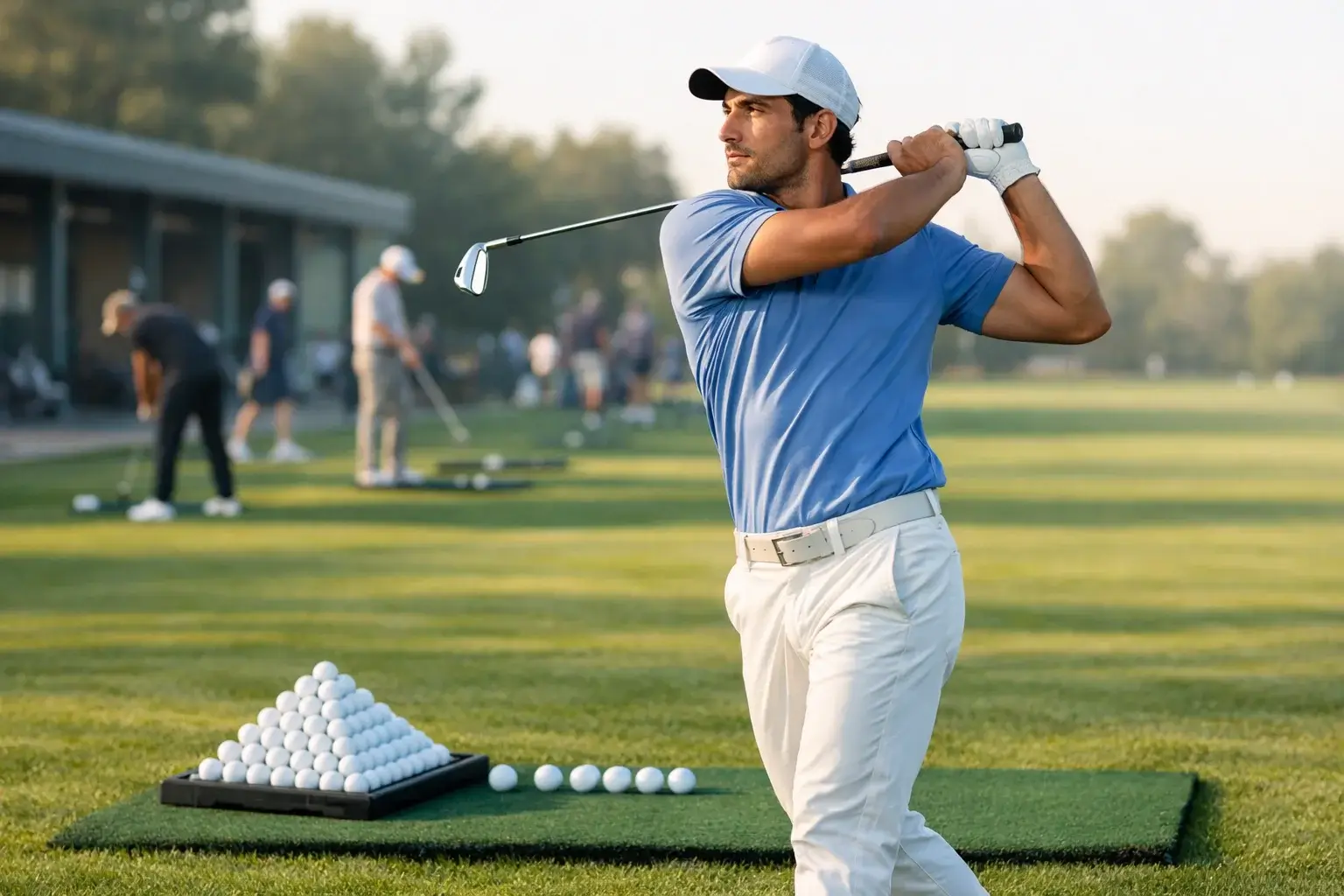 Joven golfista español practicando en un campo de entrenamiento