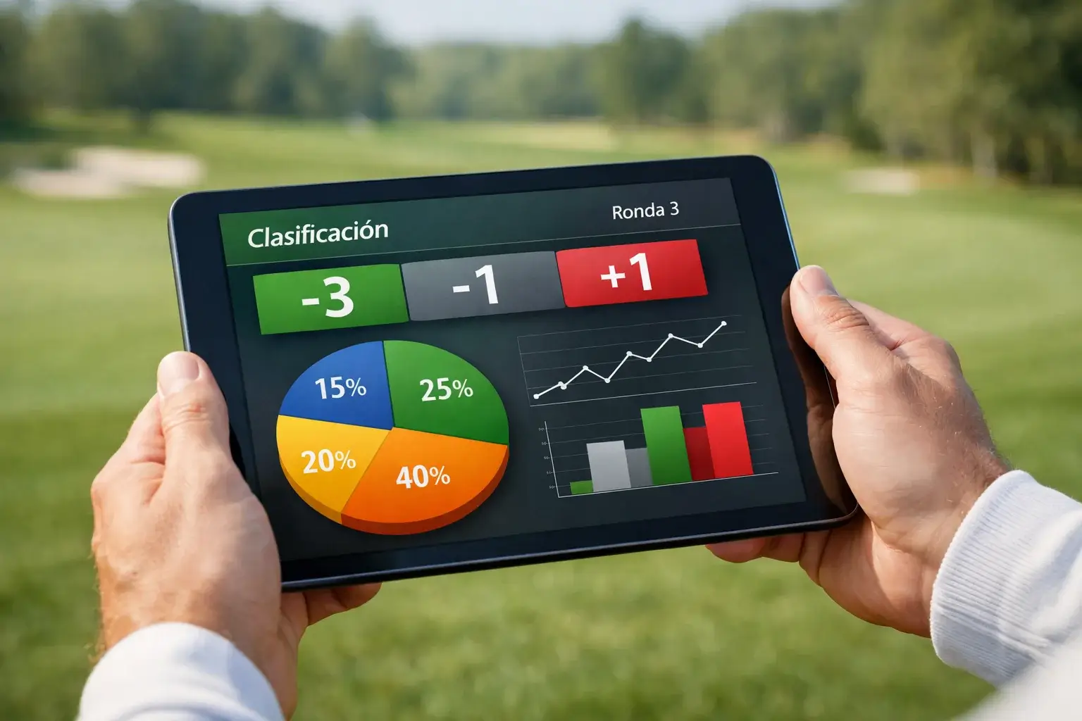 Persona analizando estadísticas de golf en una tablet junto a un campo
