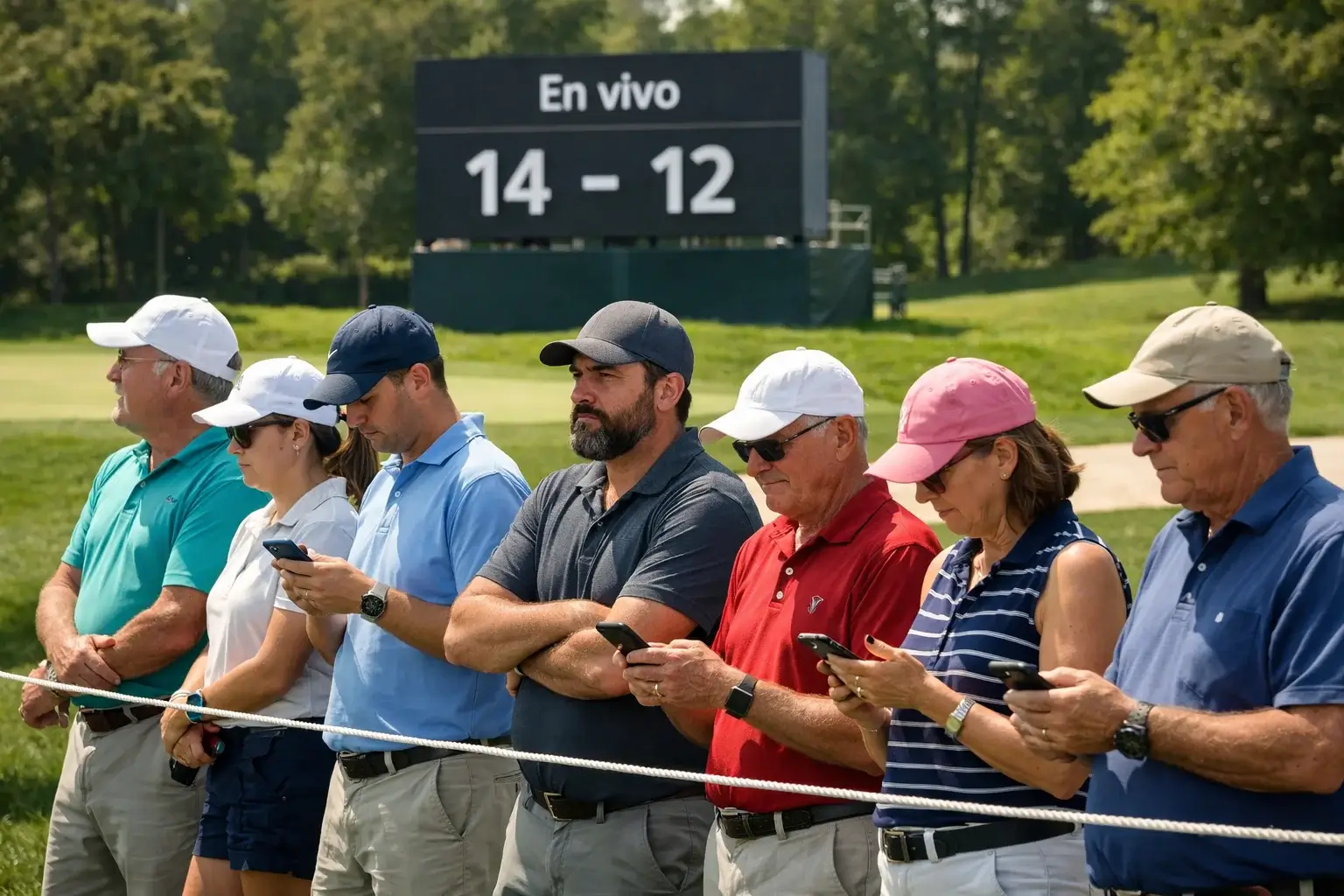 Aficionados de golf siguiendo el partido con dispositivos móviles