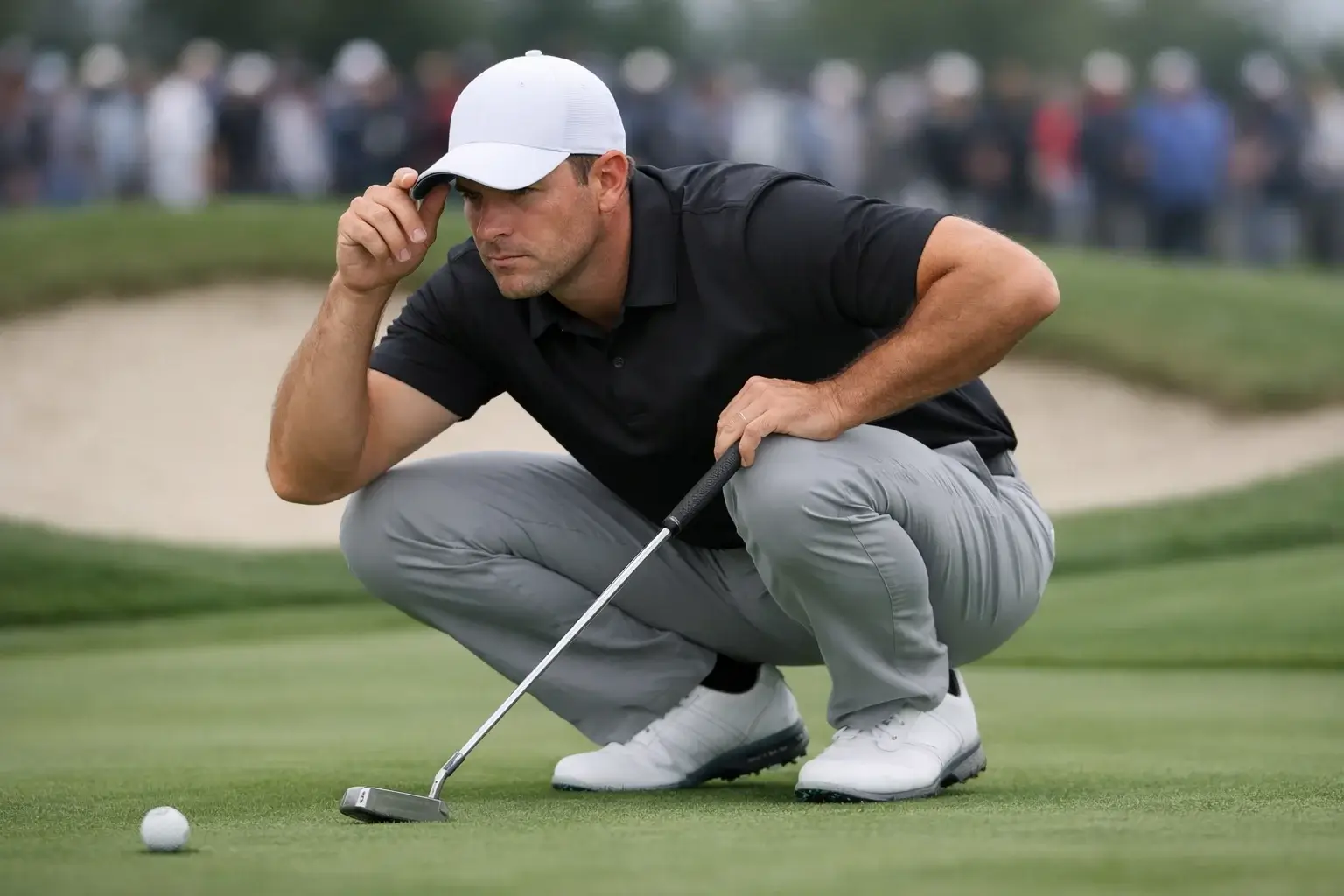 Golfista concentrado analizando el campo antes de un golpe