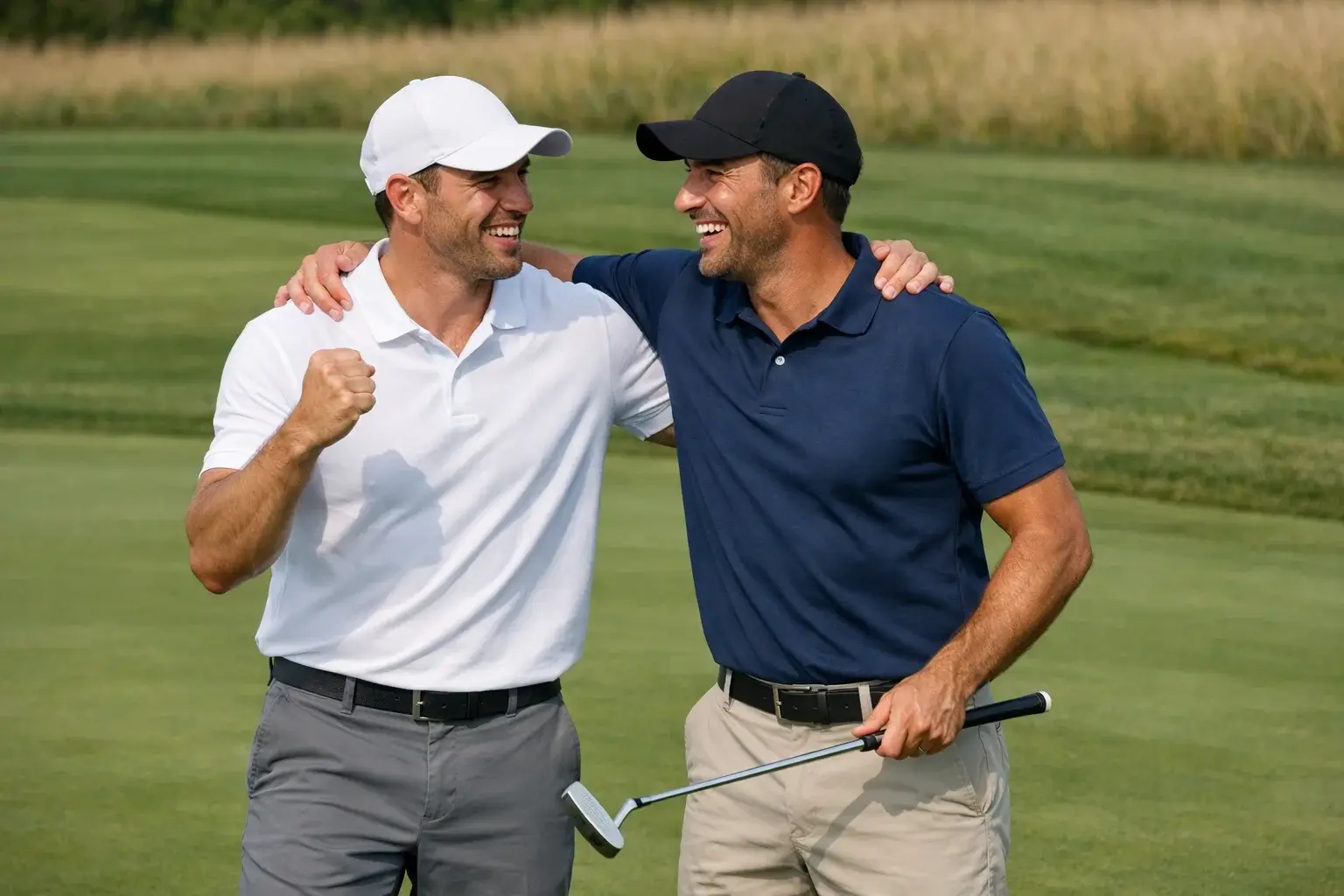 Dos golfistas en pareja celebrando un putt exitoso