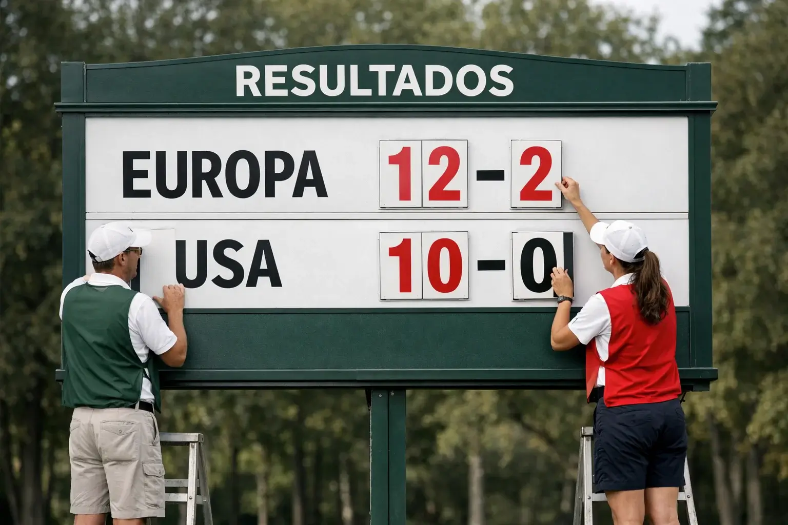 Tablero de resultados de golf mostrando puntuaciones por equipos
