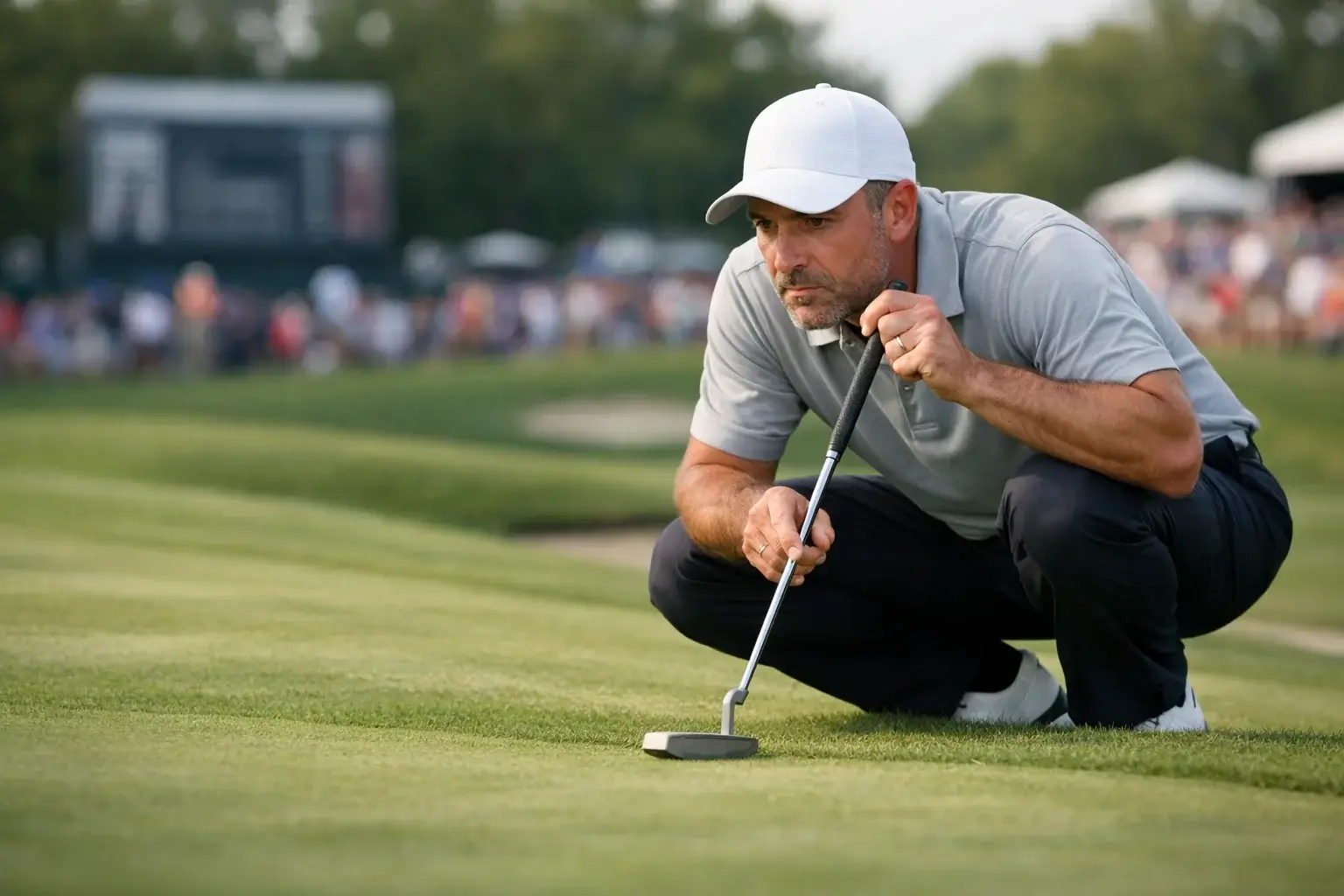 Golfista veterano analizando un putt en el green durante un torneo