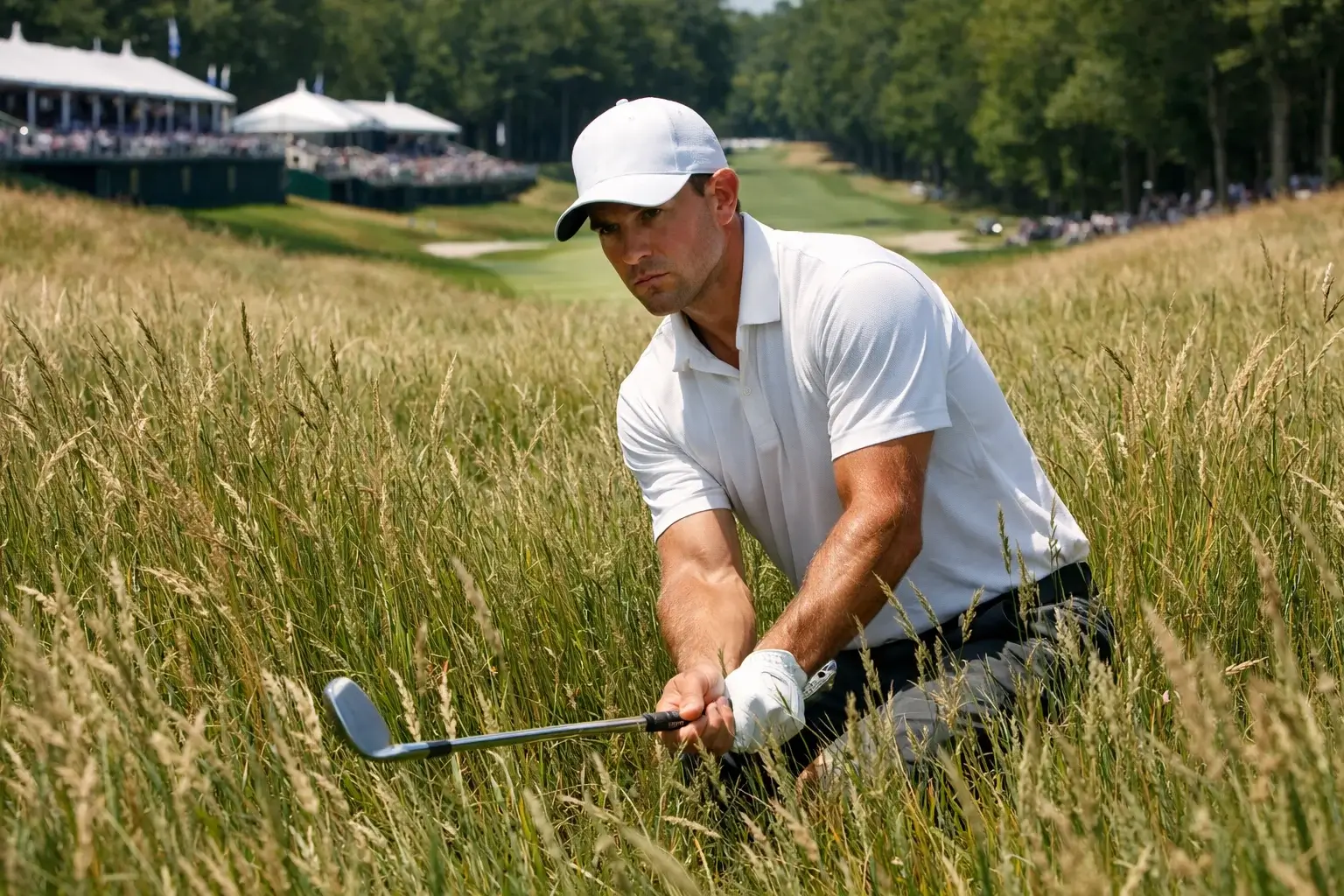 Golfista en el rough profundo durante el US Open preparando un golpe difícil